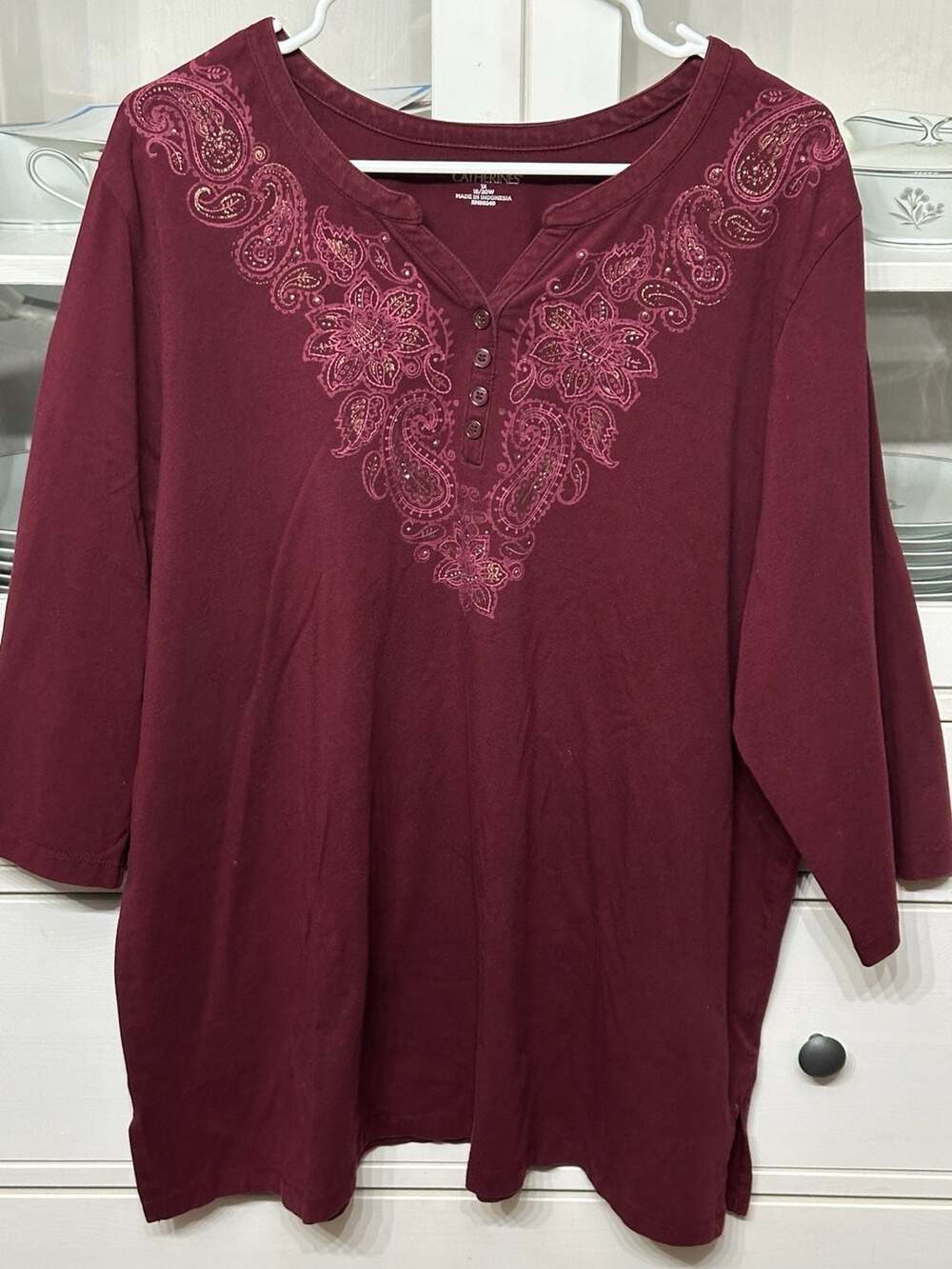 Catherines Burgundy Embroidered 3/4-Sleeve Tunic Top Size 1X 18/20W